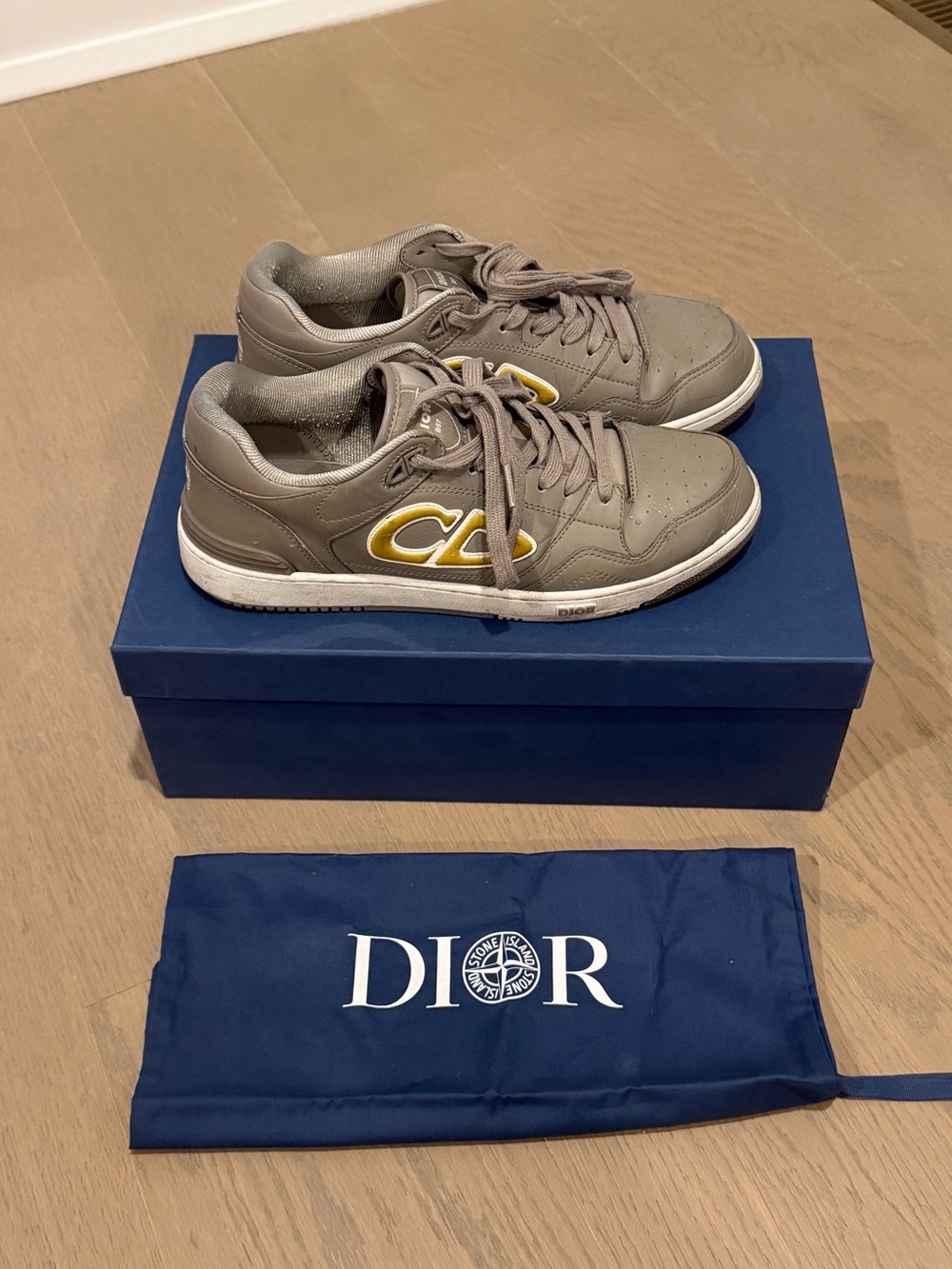 Dior x Stone Island B57 Sneakers Gray Leather with Yellow Logo Detail